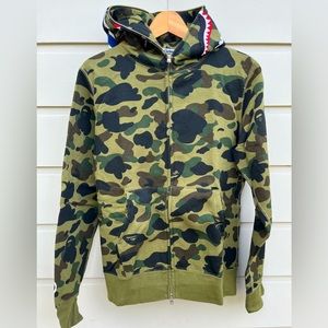 BAPE Army Green Camo Shark Face Full Zip Hoodie Size M